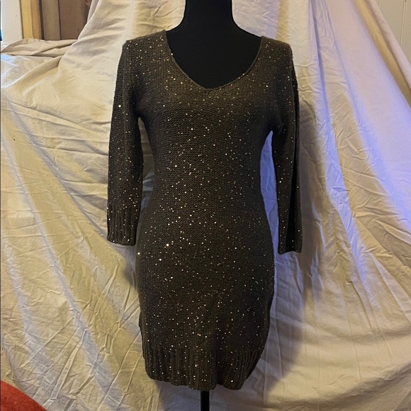 Studio M Elegant Olive and Gold Sequin Sweater Dress - Picture 2 of 3